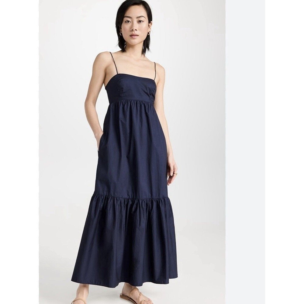 Xirena Freya Camisole Midi Tiered Dress Sz XS Cotton Midnight Blue Pockets Boho